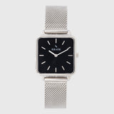 Silver women's watch with steel mesh strap and black dial - square case - Kraek