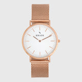 Rose gold women's watch - Rose gold mesh strap - white dial - round case - Svelte Kraek