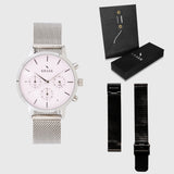 Pink Dial - KRAEK - silver & black mesh straps - gift package - silver women's watch