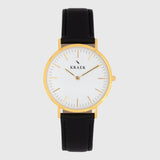 gold women's watch - black leather strap - white dial - round case - Svelte Kraek