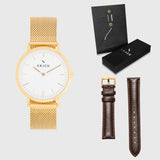 White Dial - KRAEK - brown leather and gold mesh - gift package - gold women's watch