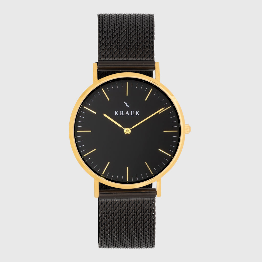 Gold women's watch - black mesh strap - black dial - round case - Svelte Kraek