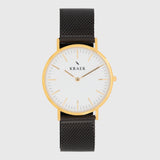 gold women's watch - black mesh strap - white dial - round case - Svelte Kraek