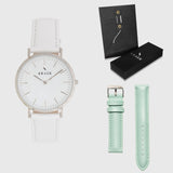 White Dial - KRAEK - green & white leather - gift package - silver women's watch