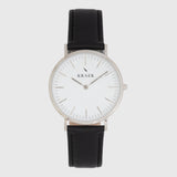 Silver women's watch - black leather strap - white dial - round case - Svelte Kraek