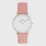 Silver women's watch - pink leather strap - white dial - round case - Svelte Kraek