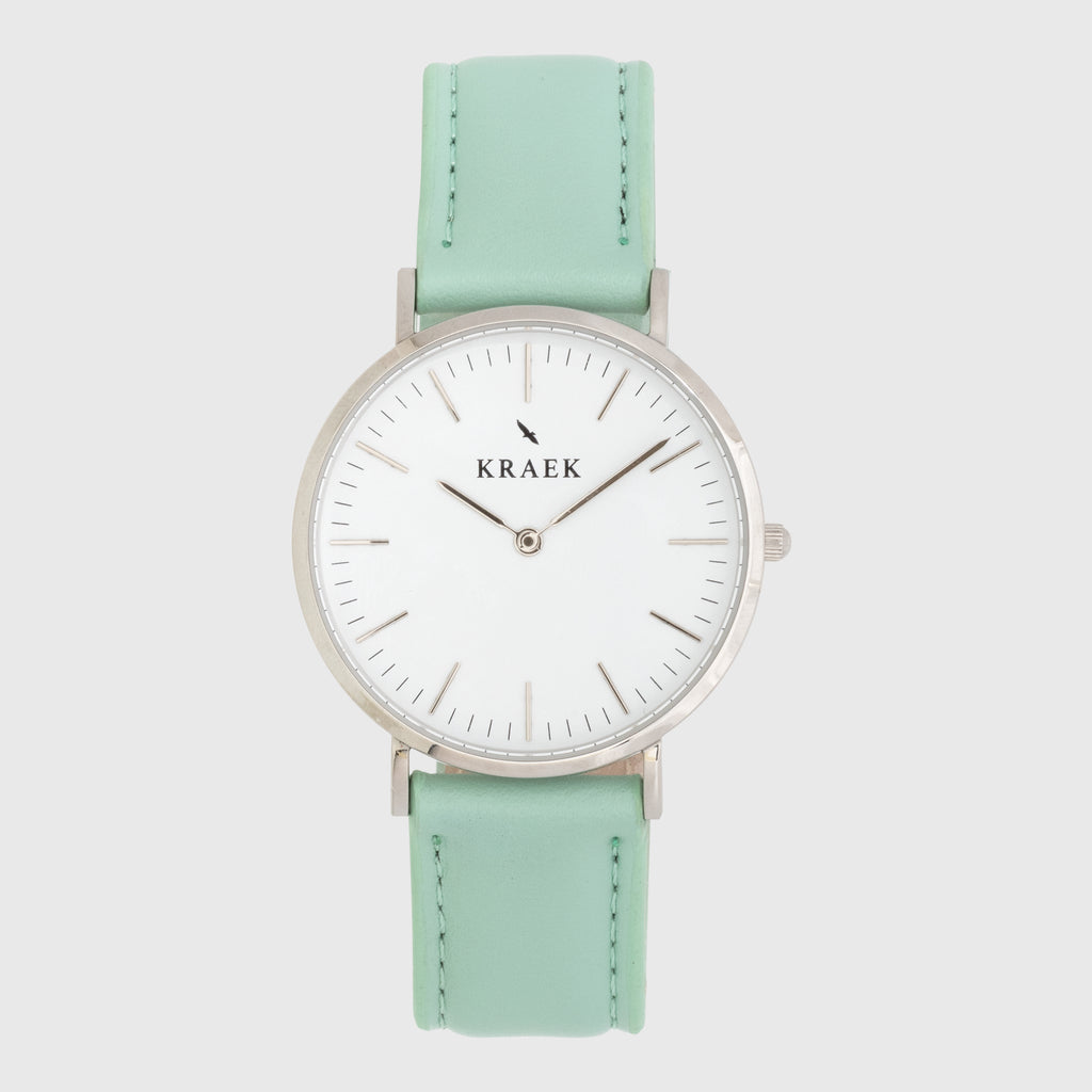 Silver women's watch - Green leather strap - white dial - round case - Svelte Kraek