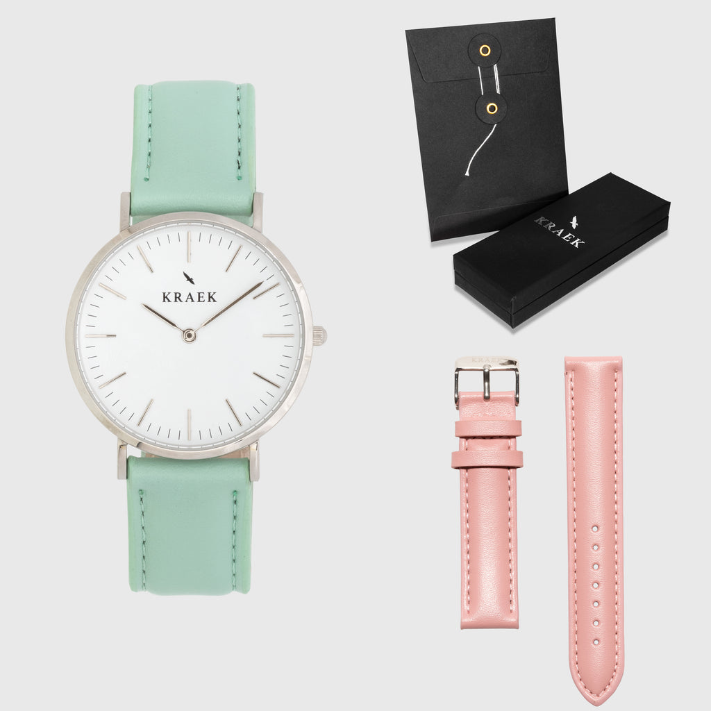 White Dial - KRAEK - green & pink leather - gift package - silver women's watch