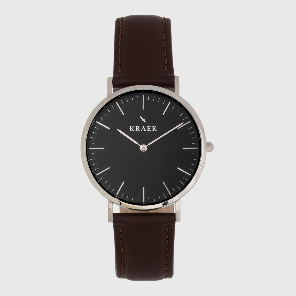 Silver women's watch - brown leather strap - black dial - round case - Svelte Kraek