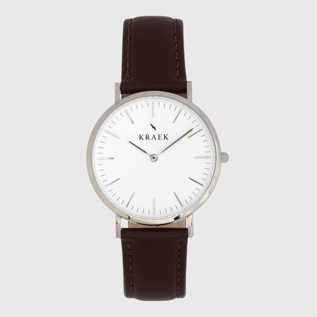 Silver women's watch - brown leather strap - white dial - round case - Svelte Kraek