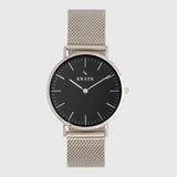 Silver women's watch with mesh strap and black dial - round case - Svelte Kraek