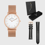 White Dial - KRAEK - black leather - rose gold mesh- gift package - rose gold women's watch