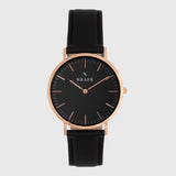 Rose gold women's watch - black leather strap - black dial - round case - Svelte Kraek