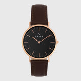 Rose gold women's watch - brown leather strap - black dial - round case - Svelte Kraek