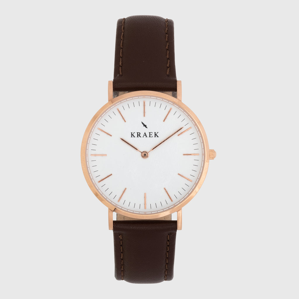 Rose gold women's watch - brown leather strap - white dial - round case - Svelte Kraek