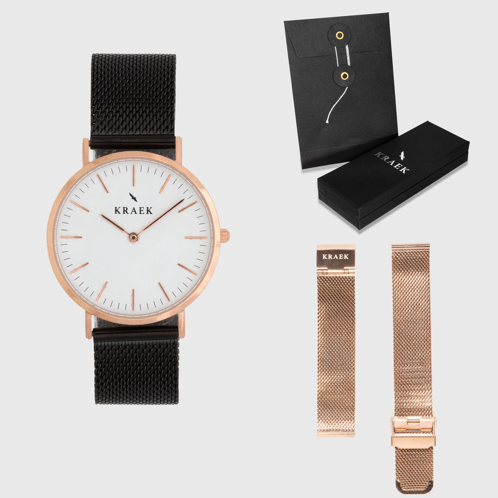 White Dial - KRAEK - rose gold & black mesh- gift package - rose gold women's watch