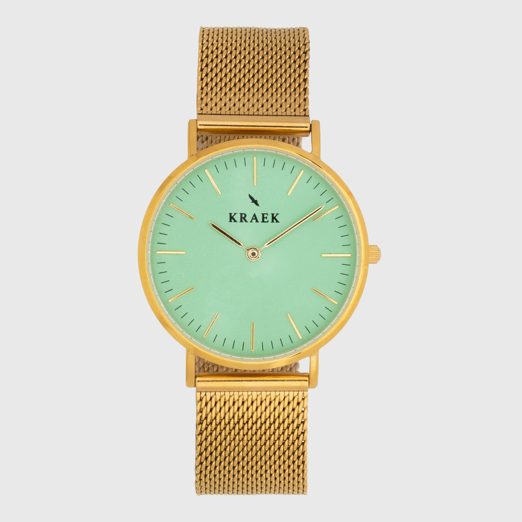 gold women's watch - Gold mesh strap - green dial - round case - Svelte Kraek