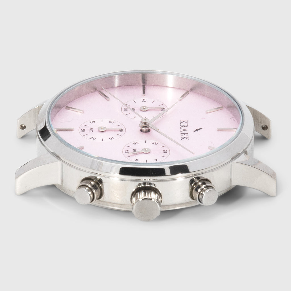 silver round case women's watch - pink dial - stopwatch - Kraek
