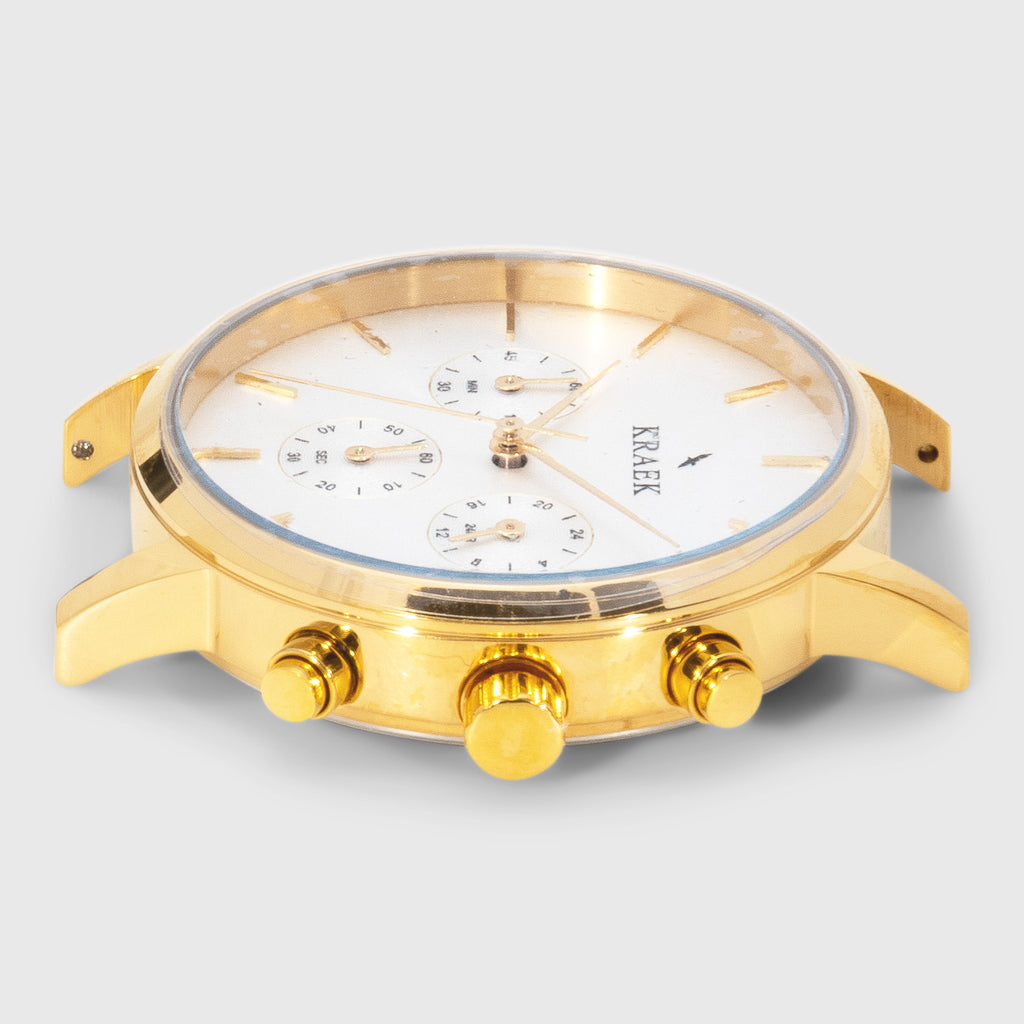 gold round case women's watch - white dial - stopwatch - Kraek