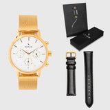 White Dial - KRAEK - gold mesh strap - black leather - gift package - gold women's watch