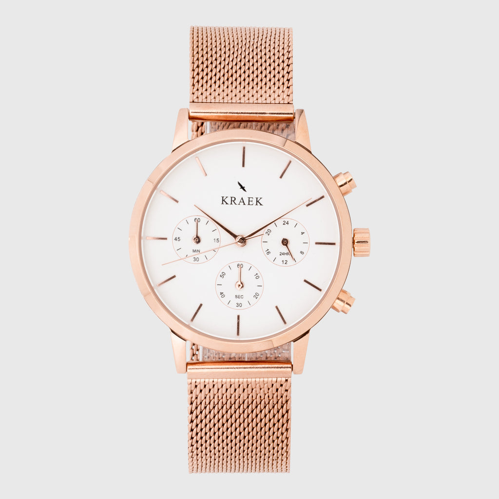 Rose gold women's watch - mesh strap and white dial - round case - stopwatch - Kraek