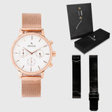 White Dial - KRAEK - Rose gold & black mesh straps - gift package - rose gold women's watch