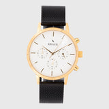 Gold women's watch - black mesh strap and white dial - round case - stopwatch - Kraek