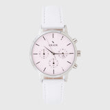 Silver women's watch with a white leather strap and pink dial - round case - stopwatch - Kraek