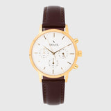 gold women's watch with brown leather strap and white dial - round case - stopwatch - Kraek