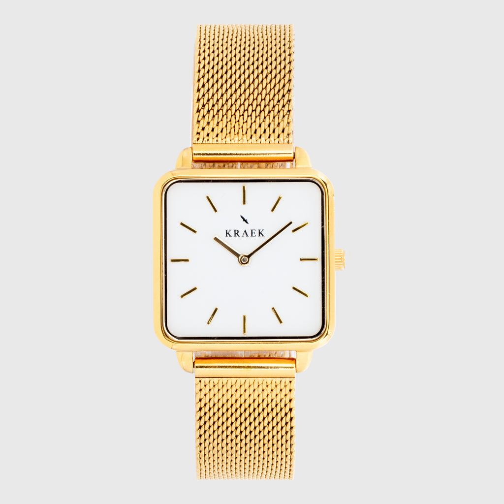 Gold women's watch with mesh strap and white dial - square case - Kraek