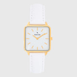 Gold women's watch - white leather strap - white dial - square case - Kraek
