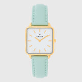 Gold women's watch - green leather strap - white dial - square case - Kraek