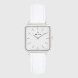 Silver women's watch - white leather strap - white dial - square case - Kraek